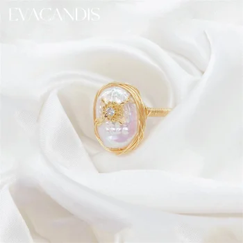 EVACANDIS Дизайнер ручной работы, Женское кольцо с натуральным жемчугом в форме барокко и Цирконием, Темпераментное Элегантное Открытое кольцо, Подарок для леди